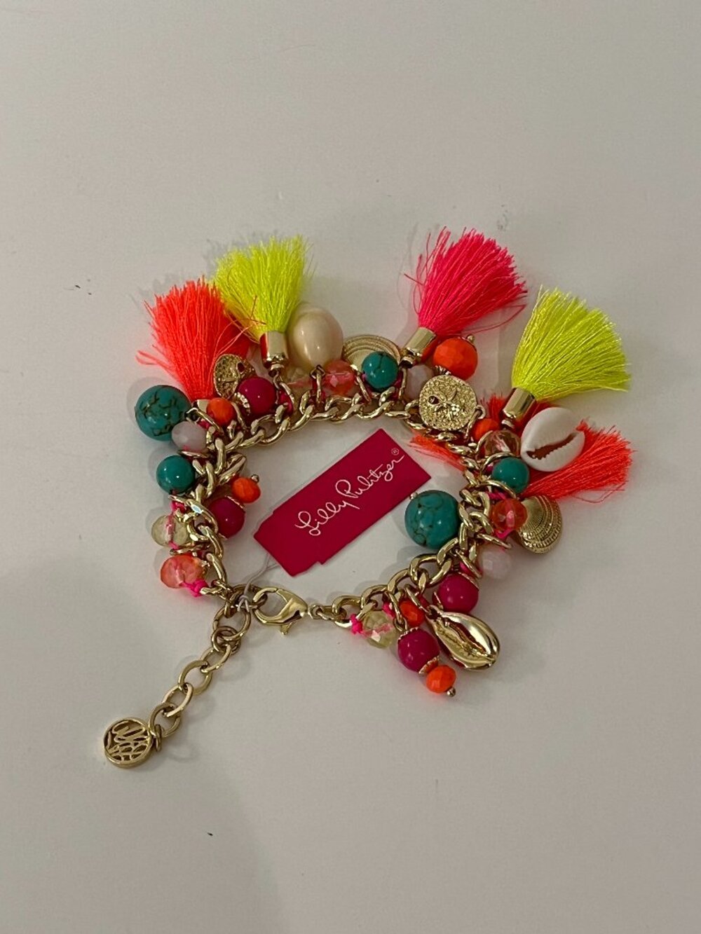 Lilly Pulitzer Boho Beach Shells Beads Neon Tassels Charm Bracelet Gold Tone NWT